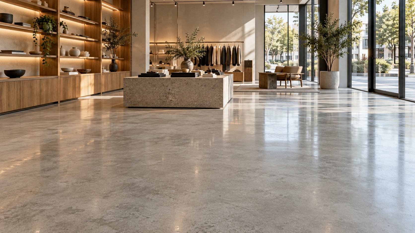 Polished floor in a modern retail interior